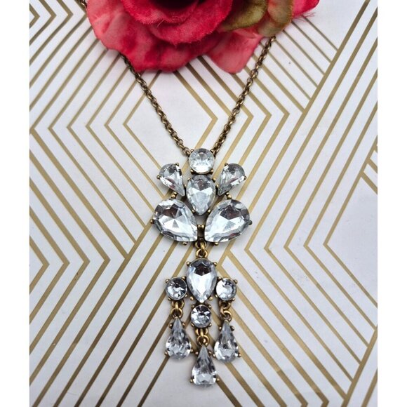 J.Crew Long Gold Tone Rollo Chain Clear Crystal Dangle Pendant Necklace 30" - Picture 1 of 6